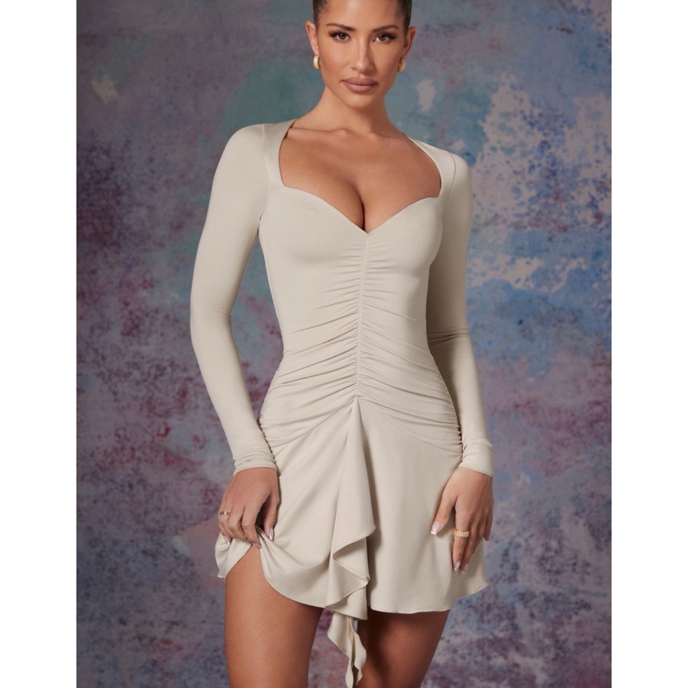 Oh Polly Long Sleeve Waterfall Skirt Mini Dress in Stone Nude